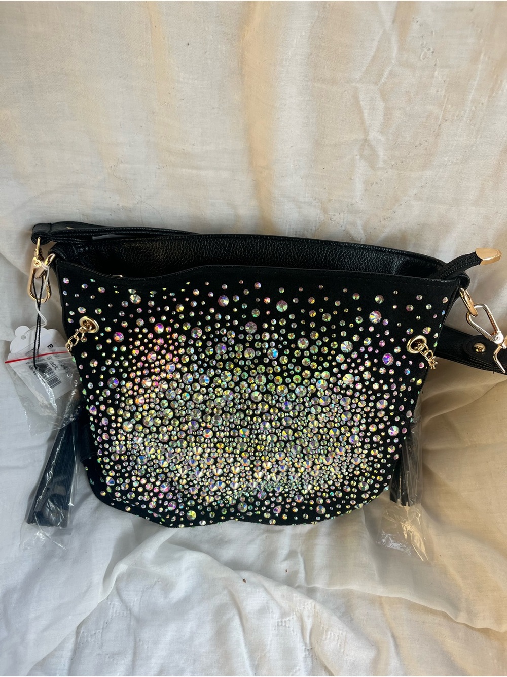 Iridescent rhinestone hobo crossbody bag
